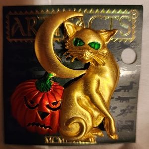 Vintage JJ  Cat Moon Pumpkin Pin  Brooch Jonette